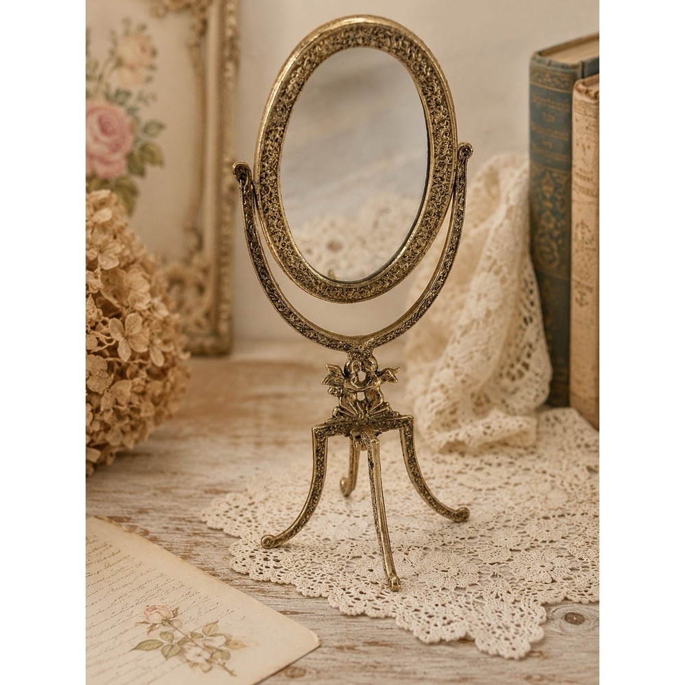 Vintage Gold Tone Vanity Tabletop Swivel Oval Mirror Cherub Hollywood Regency